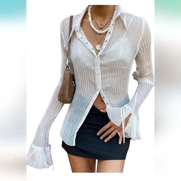 Y2k Boho Bohemian White Long Sleeve Notched Collar Button Down Shirt - Picture 1 of 13